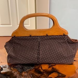 Vintage J. Crew Purse Wooden Handle Brown Polka Dot Print Handbag